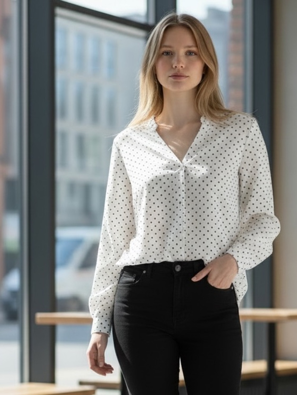 Massimo Dutti Hidden Button Blouse – Off-White Textured Print (Size 6)